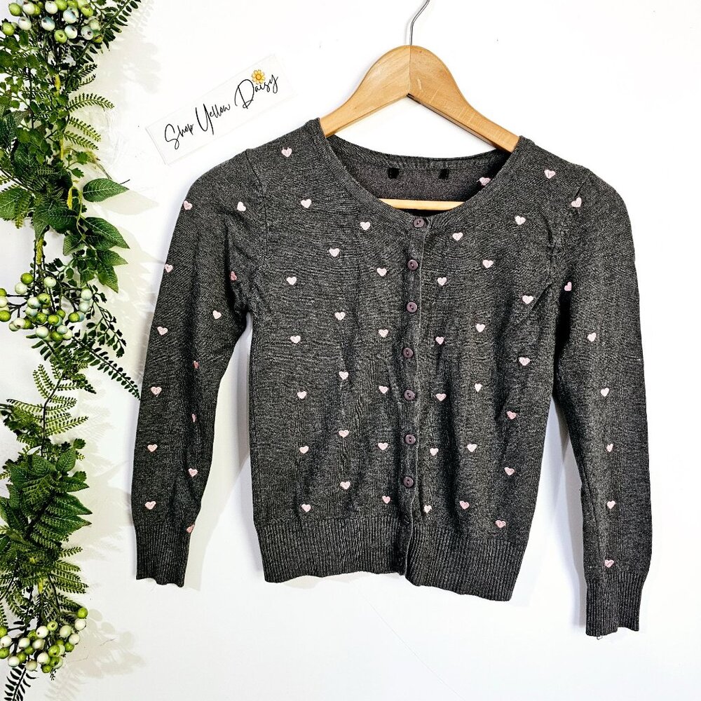 Papaya Girls Sz Small Gray Cardigan Sweater With Pink‎ Heart Pattern  ~SW125.7